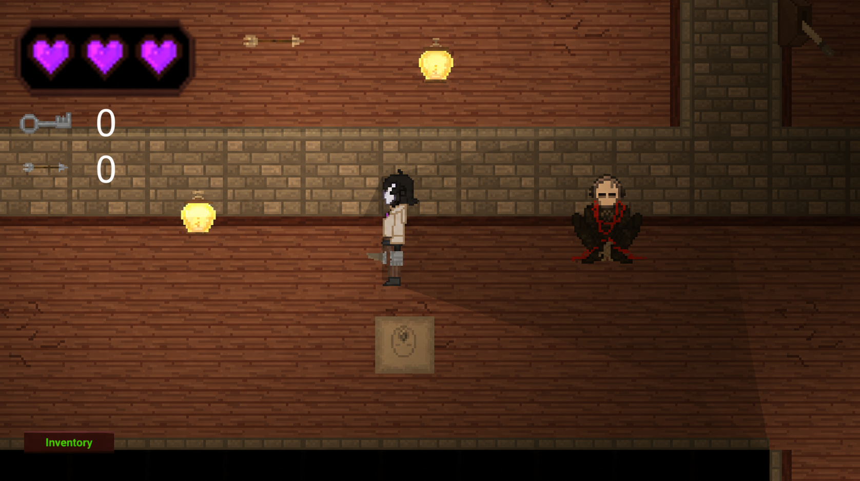 Marion gameplay showing the player facing an enemy inside a wooden dungeon room