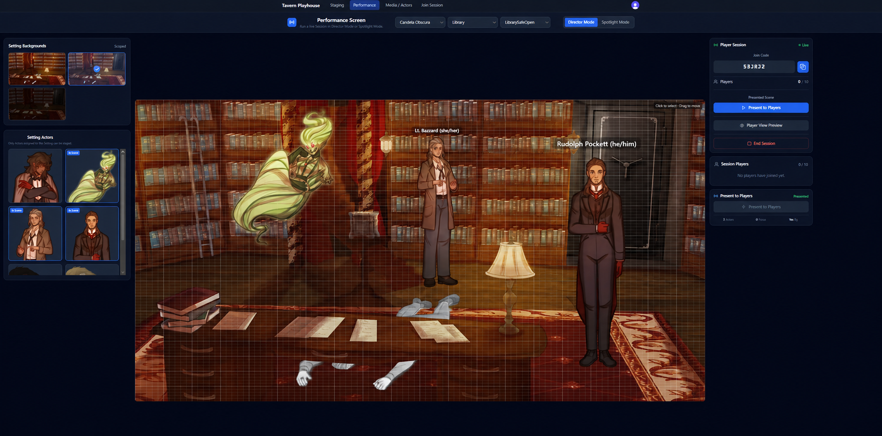 Tavern Playhouse Performance Screen staging three actors in a library scene